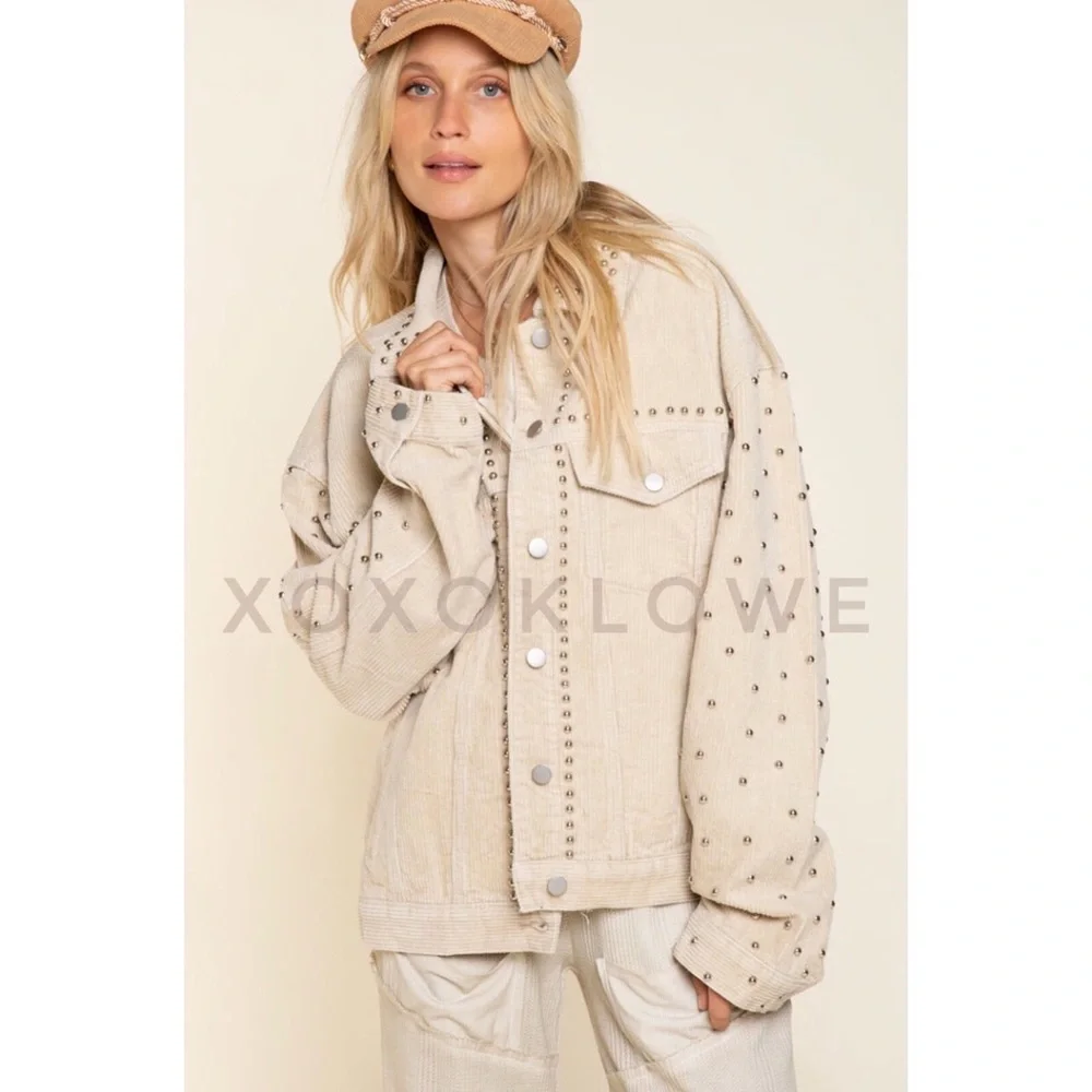 POL Oatmeal Beige Studded Corduroy Trucker Jacket Relaxed Fit - Picture 4 of 14